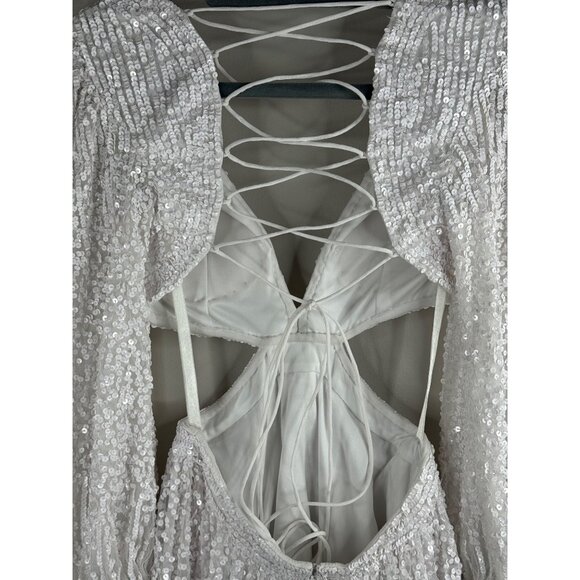 NWT LARA White Long Sleeve Cut Out Mini Cocktail Dress Sequins Lace Up Back US 0 - Picture 6 of 6
